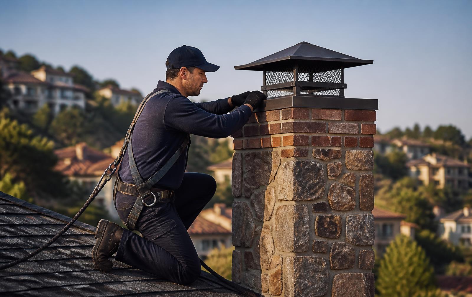 Chimney technician inspecting a brick chimney on a rooftop at sunset