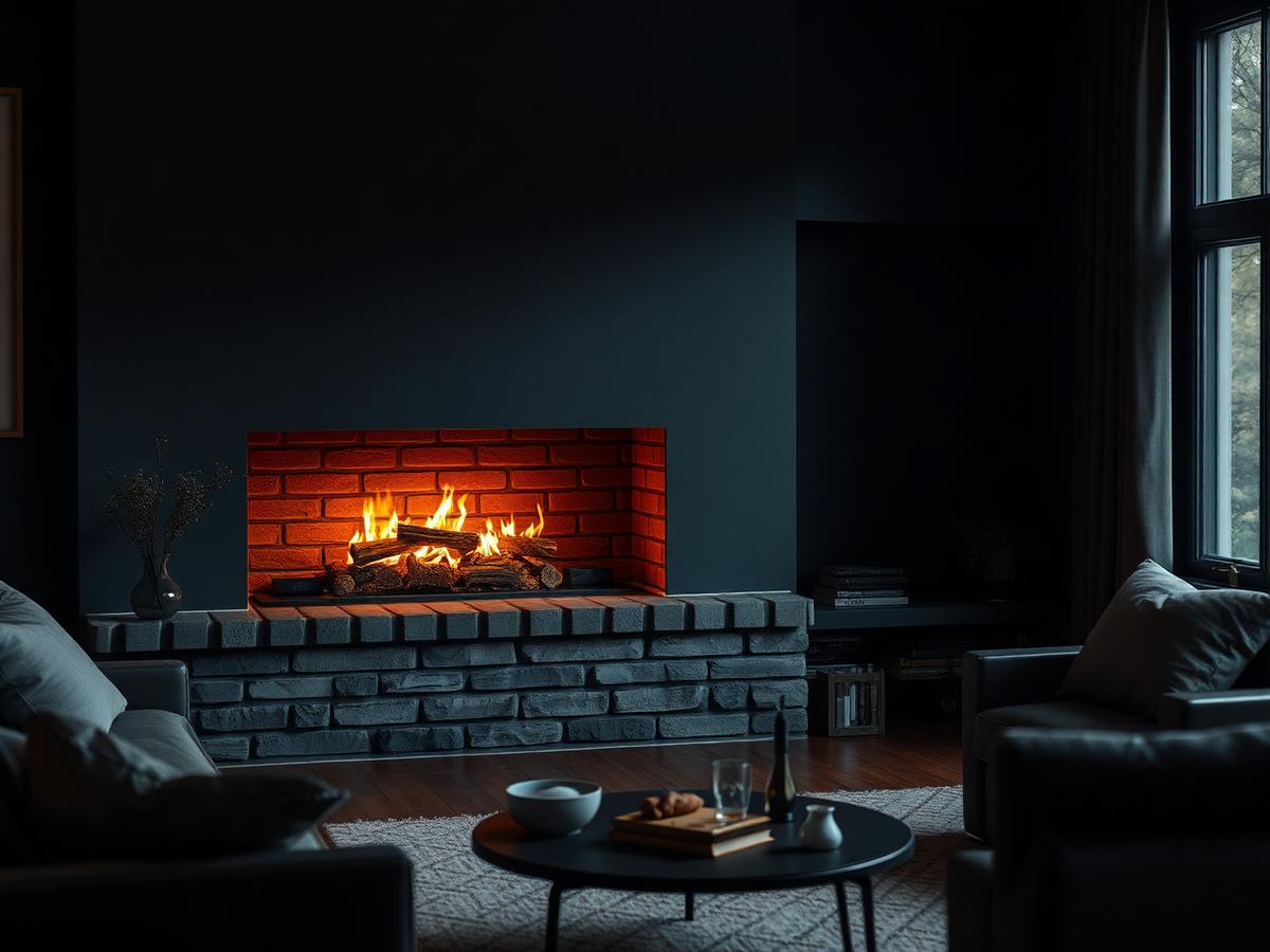 Clean brick fireplace with a warm fire burning in a living room
