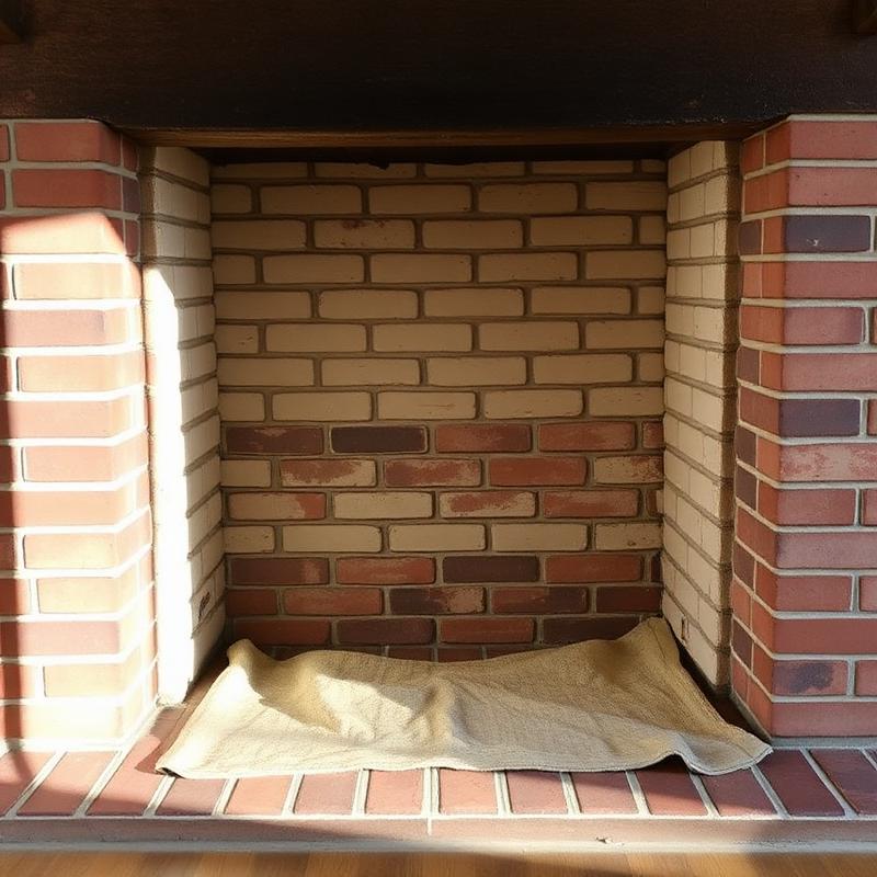 Freshly swept clean brick firebox with drop cloth